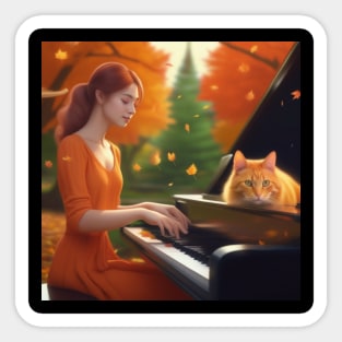 A Female Pianist With A Contented Orange Cat Sitting On The Piano In The English Countryside With An Autumn Mist Sticker